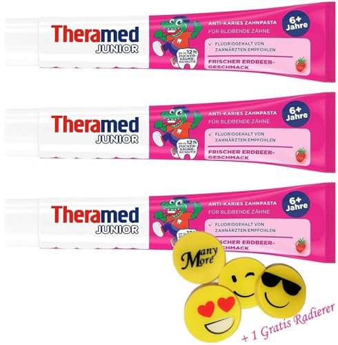Thera-Med Junior Erdbeere ֍ 3 x 75 ml ֍ Kinder-Zahnpasta ab 6 Jahren ► ohne Minze & Menthol ◄ Junior Zahncreme Erdbeer-Geschmack + 1 Gratis Radierer von ManyMore*