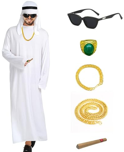 Boyigog Disfraz árabe para adultos y hombre, juego de 8 piezas con túnica blanca árabe, pañuelo para la cabeza, cinturón, anillos, collares, pulsera, gafas de sol, jeque árabe, carnaval, cosplay,