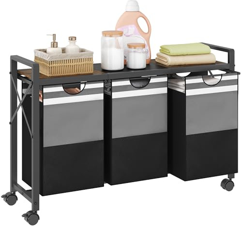 FAVOOSTY Clasificador de ropa sucia con estante, organizador de cesta de lavandería de 150 L, cesta de lavandería de 3 secciones con ruedas giratorias, gris y negro (1 nivel)