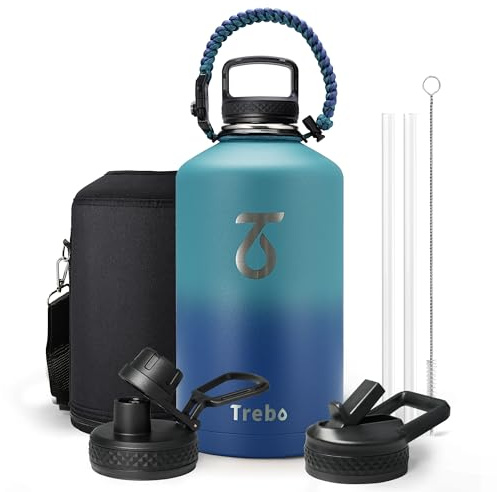 Trebo 1 Gallon(128oz) Water Bottle Insulated with Paracord Handle and Straw,Vacuum Double Wall Stainless Steel Large Jug Keep Cold 48 Hours, Leakproof & BPA Free for Men Gym/Hiking/Camping, Cyan Blue
