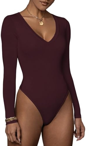 Sukiglam Women's Bodysuits Deep V Neck Long Sleeve Thong Bodysuit Tops Ladies Basic Leotards Top Sexy Slim Fit Body Suits T Shirt Stretchy Elegant Blouse Casual Going Out Tops