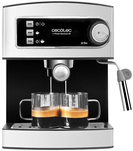Cecotec Cafetera Express para Espresso y Cappuccino Power Espresso 20. 850W, 20 Bares, 2 Tazas, Vaporizador, 1.5L, Brazo Doble, Calientatazas, Bandeja Goteo, Indicadores Luminosos, Seguridad
