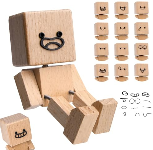 Vibbang Wackelfigur Auto, Stupid Holzfiguren Wackelnder Holzmann, Handgefertigte Wackelmännchen Auto Holz mit 12 Magnetischen Ausdrücken, Schüttelmann, Wackelnde Holzfigur für Pendler Student Ornament