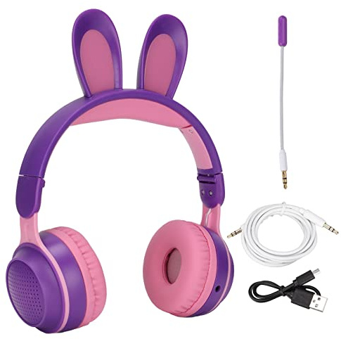 Ejoyous Trådlöst Headset för Barn, Stödminneskort, Hörlurar med Kaninöra, HD Sereo-ljud, Multifunktionellt, Lång Batteritid för Onlineinlärning för PC för Surfplatta (Purpur)