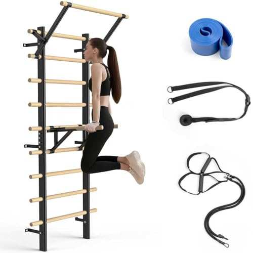 Sprossenwand mit Klimmzugstange, Dip-Barren & Kletterwand - 220 cm Fitnessgerät für Zuhause aus Holz - Wandmontage für Erwachsene und Kinder
