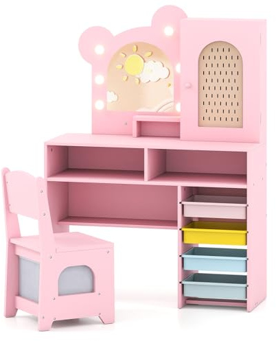 GOPLUS Sminkbord för barn i björnform, barnsminkbord med stol, belysning, spegel, 4 fack, skåp, toalettbord, prinsessa för barnrum, kosmetiskt bordsset för flickor från 3 år (rosa)