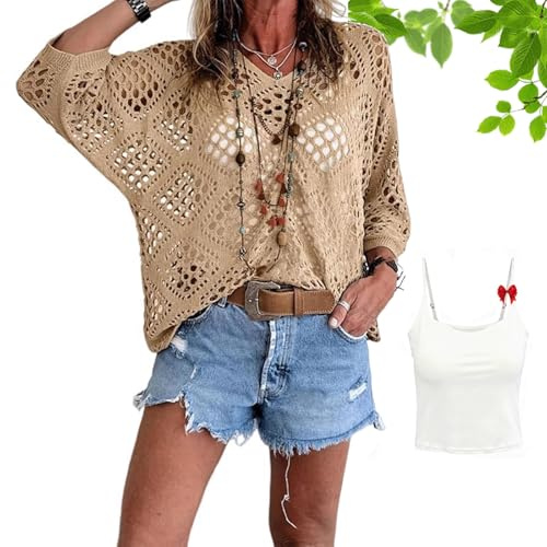 Top de Ganchillo Beige para Mujer Estilo Bohemio – Camisola de Punto Calado con Escote en V – Jersey de Verano Ligero y Suelto (G,M)