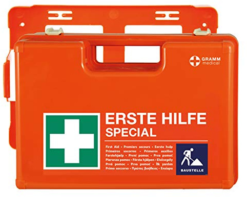 ACTIOMEDIC Erste-Hilfe-Kasten SPECIAL BAUSTELLE, DIN 13157:2021, Notfallkoffer mit Wandhalterung, mehrsprachige Beschriftung, zusätzliches Zubehör, 42 x 33 x 15 cm