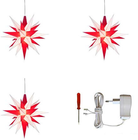 A1e, rot-weiß, 3er Set Weihnachtssterne Herrnhut für Innen, Kunststoff, 13 cm, weiß-rot, Adventsstern, Stern, Sterne, Advent, Weihnachten, original Herrnhuter Stern Komplettset mit Stromversorgung für 3 Sterne