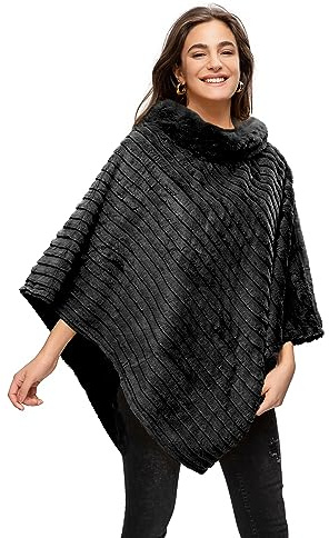 Gloop - Abrigo elegante de invierno para mujer, con capucha de piel sintética, chaqueta de cuello redondo, poncho grueso y cálido de piel tejida, Negro , Talla única