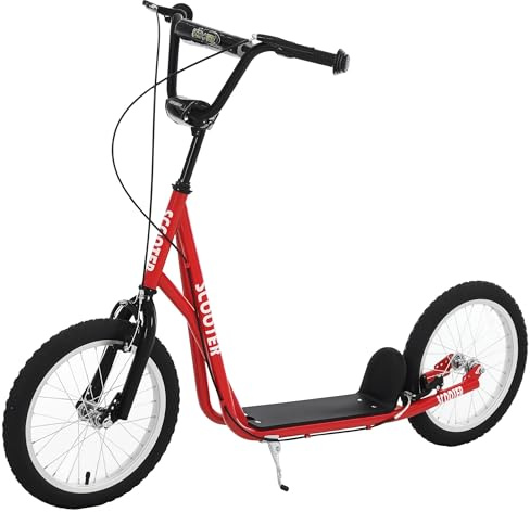 HOMCOM Patinete para Niños +5 Años, Patinete Infantil de 2 Ruedas, con Manillar Ajustable en Altura, 2 Neumáticos de Caucho Inflable, Doble Freno, Carga 100 kg, 139x58x90-96 cm, Rojo