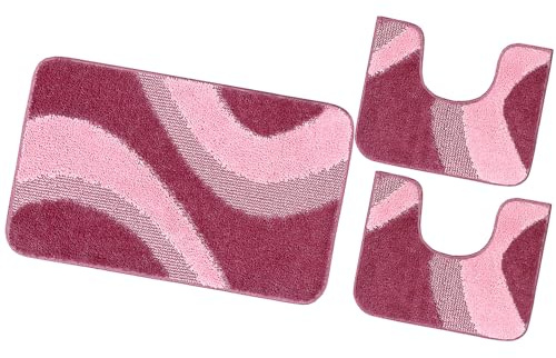 emmevi Tappeto Bagno Moderno Parure Set 3 Pezzi Morbido Soffice Shaggy Antiscivolo Lavabile Porpora