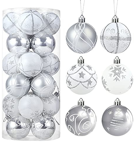 LIHAO 24 Stück Weihnachtskugeln Kunststoff Silber Baumkugeln 6 cm Christbaumschmuck Ornamente Weihnachten Deko