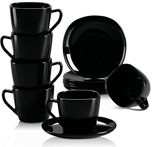 MALACASA Lot de 6 Tasses à Café Avec Soucoupes en Verre Opale - 220 ml Noir - Service à Café,Tasse à Thé