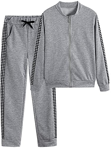 amropi Donna Tuta Sportiva Set a Quadri Maniche Lunghe Felpa e Jogging Pantaloni (Grigio, 3XL)