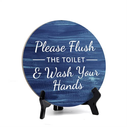 Round Please Flush The Toilet & Wash Your Hands, Washed Blue Wood Color Bathroom Table Sign with Acrylic Easel (5 x 5)