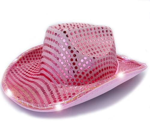 Led hatt cowboy paljett party keps blinkande ljus dansfest cowboy till jul halloween födelsedag bröllop festival fest (Rosa)