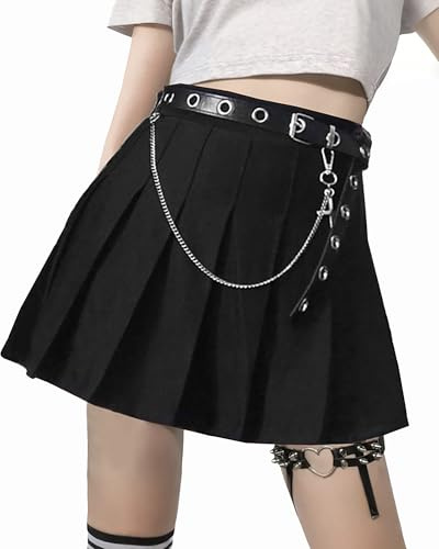 DINGJIUYAN Punk Cross Print Dark Mini Skirts Chain Belt Black Uniform Pleated Skirt