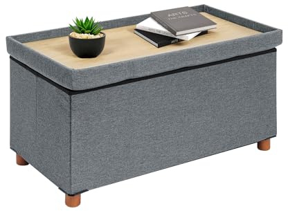Bonlife Footstool for Living Room,Grey Ottoman Storage Box with Tray,Folding Ottoman Coffee Table with Storag,76x38x38cm