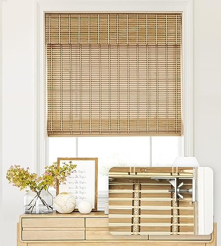 LazBlinds No Tools No Drill Cordless Bamboo Roman Shades, Light Filtering Window Treatment, Roll Up Bamboo Blinds for Windows 27'' W x 64'' H, Natural 306