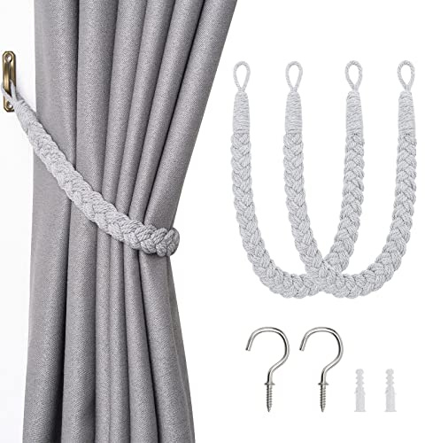 Pretty Jolly 2-pack naturligt bomullsrep gardinbindningar elegant boho-stil dekorativ draperi bakstycken mjuka handvävda gardinomtag med metallkrok för hem- och kontorsdraperi (ljusgrå)