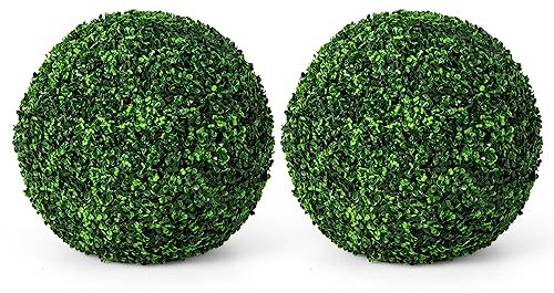 COSTWAY Set of 2 Artificial Topiary Balls, Faux Boxwood Balls with White Flowers, Decorative Hanging Fake Leaf Topiary for Indoor Outdoor, No Maintenance & Watering (48cm)