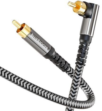 BlueRigger Subwoofer Cable 90D (15M, RCA Audio, Dual Shielded, Gold Plated, Right Angled Male RCA Connectors) – Compatible with Subwoofer, Amplifier, Home Theater