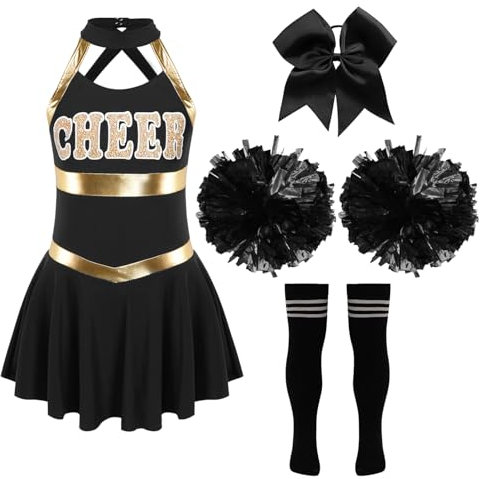 Alvivi Mädchen Cheerleaderin Kostüm Cheerleading Uniform Halloween Kostüm Kleid mit Pompoms Socken Haarschmuck Karneval Fasching Party Kostüm Aa Schwarz&Weiß 170-176