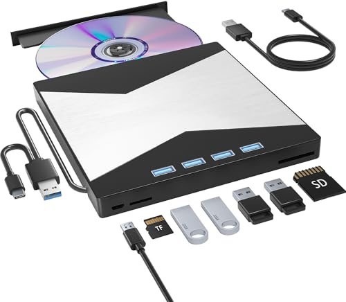 Wbacon External CD/DVD Drive for Laptop, DVD Player for Laptop, 8 in 1 Ultra-Slim CD Burner with 4 USB Ports and 2 TF/SD Card Slots, External Disk Drive Optical Compatible with Desktop Mac Windows