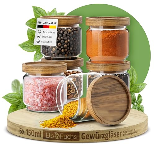 ElbFuchs® Set Barattoli per Spezie con Coperchio 150 ml (6 Pezzi) in Vetro Borosilicato, Barattoli Ermetici in Vetro per Spezie e Alimenti