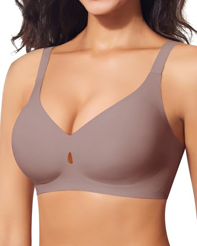 Ganado Sujetador sin Aros Mujer Sujetadores sin Costuras Cuello V Push Up Bralette Comodos con Relleno, Marrón, XL