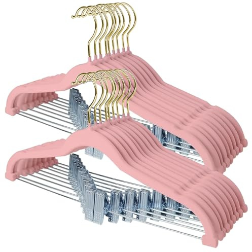 Stormix Pants Hangers, 24 Pack Vevlt Skirt Hanger with Clips, Heavy-Duty Clothes Hangers for Shorts, Pants, Skirts, Dresses, Jackets, Coat Pink (Gold Hook)