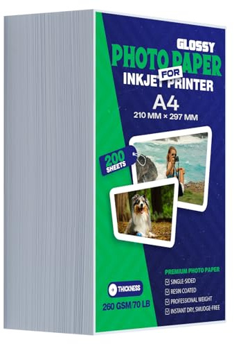 A4 Papel Fotográfico para Impresora de Tinta, 200 Hojas,260 g/m²,Brillante,Papel Grueso de Premium Secado Instantáneo, Ideal para Tarjetas Postales y Fotos Profesionales A4(21x29,7cm)