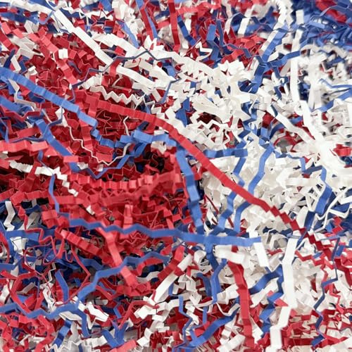 Crinkle Cut Paper Shred Filler for Gift Wrapping, Shredded Paper for Basket Filling,Mixed Colors Gift Box Filler for Independence Day, Birthday, Christmas, Thanksgiving, Wedding(Blue&Red&White)