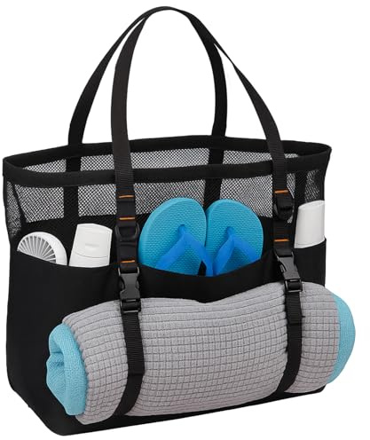 ECOSEAO Bolsa Playa Grande XXL Familiar Bolso de Playa para Mujer Bolso de Malla con Multifuncional Bolsillos Beach Bag con Cremallera en la Parte Inferior, para Viaje Compras