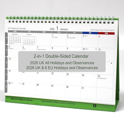 AGGAFA 2026 Desk Flip Calendar, 2-in-1 Double-Sided Standing Calendar with Bigger Text & More Writing Space, UK & EU Holidays, Writable Color-Coded Design, Moon Phases & Lunar Dates, 250 × 195 mm