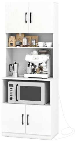 KOMFOTTEU Küchenschrank mit Ladestation, multifunktionaler Hochschrank mit 2 verstellbaren Regalen, modernes Buffet für Wohnzimmer, Esszimmer, Weiß, 64,5 x 38 x 168 cm