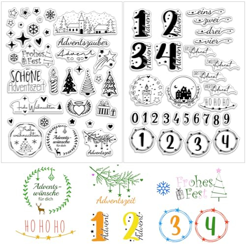 2 Blatt Silikonstempel Weihnachten, Stempel Adventskalender, Advent Clear Stamps Sprüche Deutsch Weihnachtsstempel Adventskalender Stempel für DIY Geschenk Scrapbooking