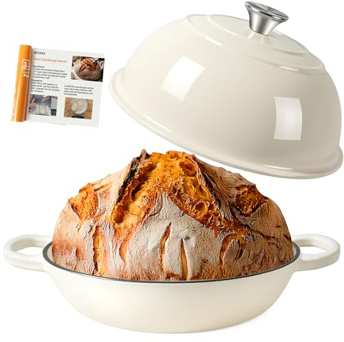 Dutch Oven For Bread Baking,26cm/5.7L Enameled Cast Iron Dutch Oven,Non-Stick Cast Iron Pan with Lid,Dutch Ovens with Baking Recipe,Casserole Pot for Bread Baking,Roasting,Braising & Frying (White)
