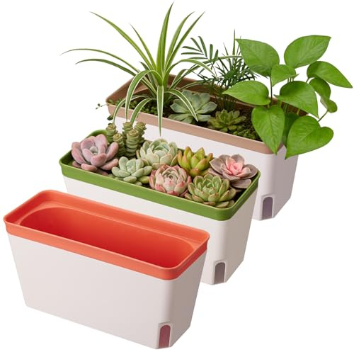 Kryndle Self Watering Plant Pots Indoor, Pack of 3 Windowsill Herb Planter, Modern Plastic Plant Pots for Herbs, with Visual Water Level Window, Suitable for Indoor, Outdoor, Garden and Balcony