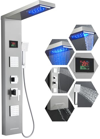ROVOGO Panneau Colonne de Douche LED sans Batterie, 6 Modes avec Mitigeur - Affichage de la Température/Cascade/Pluie/2 Jets de Massage/Douchette/Bec de Baignoire, Acier Inox Brossé, Montage Mural