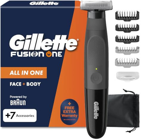Gillette Fusion One Face and Body Electric Beard Trimmer Men with One Blade | 3 Stubble Combs and Body Comb, Electric Groomer for Face and Body, Includes Protective Cap & Pouch, Cordless, UK 2 Pin Plug