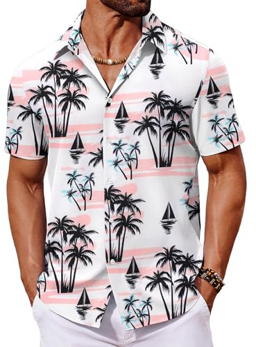 COOFANDY Camisas hawaianas de manga corta para hombre, camisas de verano para vacaciones, camisa Aloha con botones, Sailboat Pink, M