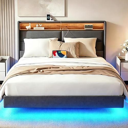 Fulasofia Floating Double Bed Frame with LED Lights and Charging Station, 4ft6 Upholstered Storage Headboard, Modern Metal Platform Bed with Under-Bed Space, No Box Spring Needed, Noise Free