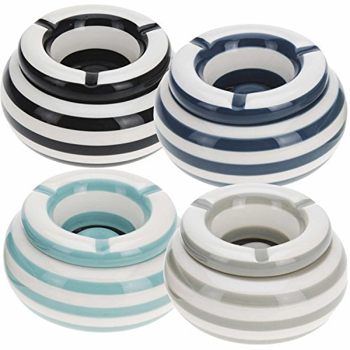 LS-LebenStil XL Sturmaschenbecher 11x6cm Maritim Grau Welle Streifen Windaschenbecher Aschenbecher mit Deckel Sturmaschenbecher Windaschenbecher Ashtray Tischaschenbecher Garten Balkon Deko