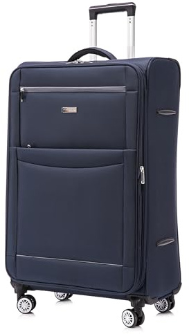 DK Luggage Ultra Lightweight Only 3.3kg Large 28 Inch Soft Shell Suitcase, 4 Wheel Spinner Checked Luggage 23kg–25kg Capacity, Expandable Travel Case (WLS Navy, Large)
