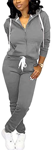 CLOCOR Track Suits for Women Set - Long Sleeve Casual Pullover Hoodie Solid Color Sport Suits with Pocket Gray-White XL