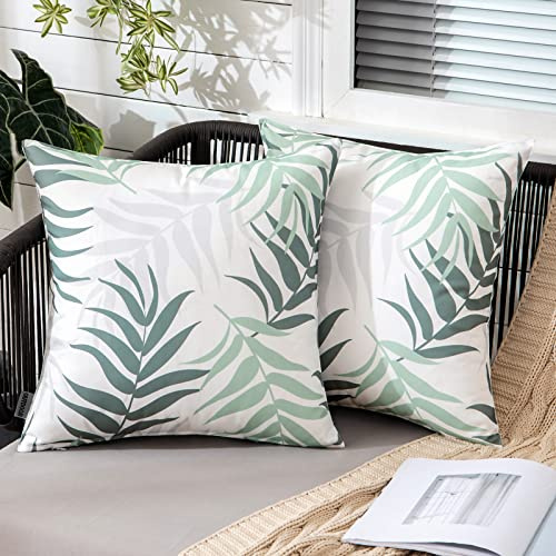 MIULEE Outdoor Cushion Covers Waterproof Polyester Throw Pillow Cover Square Decorative Pillowcase with Leaf Patterns for Garden Sofa Livingroom Bedroom Tent Park 2 Pieces 20x20 Inch Green Grey