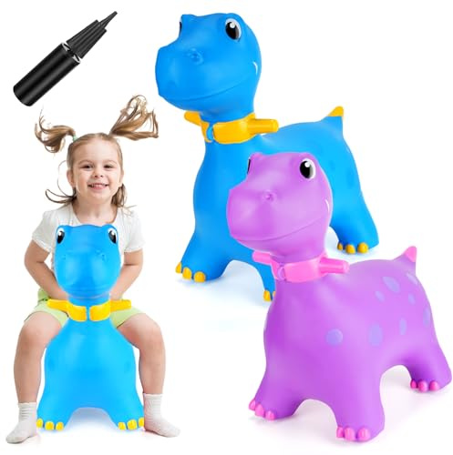 Leyndo 2 Pcs Dinosaur Bouncy Inflatable Ride on Bouncing Animal Jumping Toys with Pump Dinosaur Ride on Hopping Toys for 2 + Years Old Girls Boys