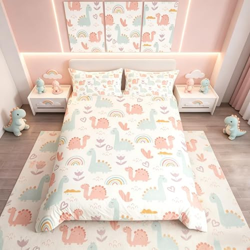 Homemissing Set di biancheria da letto per bambini, ragazzi e ragazze, motivo dinosauro rosa e verde, con simpatico motivo dinosauri, traspirante, per letto singolo